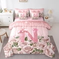 thumbnail image 1 of Manfei Personalized Initial 7-Piece Twin Bedding Sets,Pink Sequin Bedding Comforter Set,Rose Bow Breathable Sheet Sets,Ultra Soft Cute Home Decor,Reversible, 1 of 8