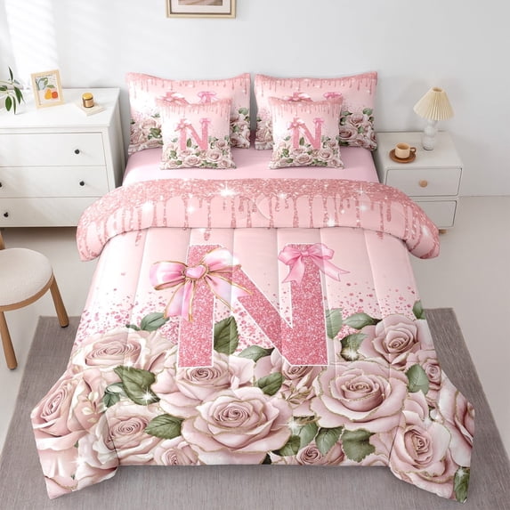Manfei Personalized Initial 7-Piece Twin Bedding Sets,Pink Sequin Bedding Comforter Set,Rose Bow Breathable Sheet Sets,Ultra Soft Cute Home Decor,Reversible