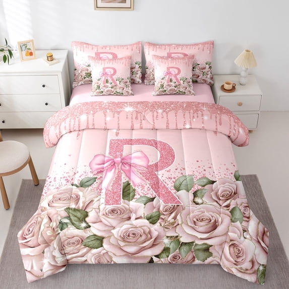 Manfei Personalized Initial 7-Piece Twin Bedding Sets,Pink Sequin Bedding Comforter Set,Rose Bow Breathable Sheet Sets,Ultra Soft Cute Home Decor,Reversible