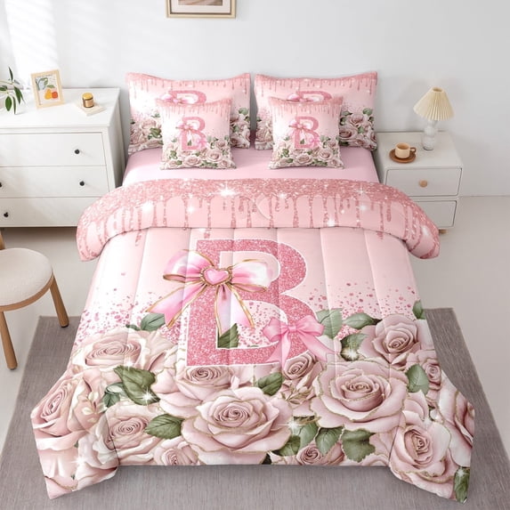 Manfei Personalized Initial 7-Piece Twin Bedding Sets,Pink Sequin Bedding Comforter Set,Rose Bow Breathable Sheet Sets,Ultra Soft Cute Home Decor,Reversible