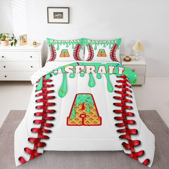 Manfei Personalized Initial Alphabet A 2pcs Bedding Comforter Set for Children Kids Boys,Baseball Print Twin Comforter Sets,Abstract Graffiti Splash Breathable Bedding Set