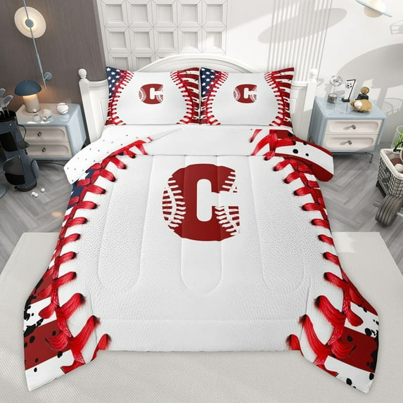 Manfei Personalized Initial Alphabet C 3 Pieces Queen Comforter Set for Children Kids Boys,Baseball Print Ultra Soft Bedding Sets,Sport Theme Bedding Comforter Set,Ultra Soft Home Decor
