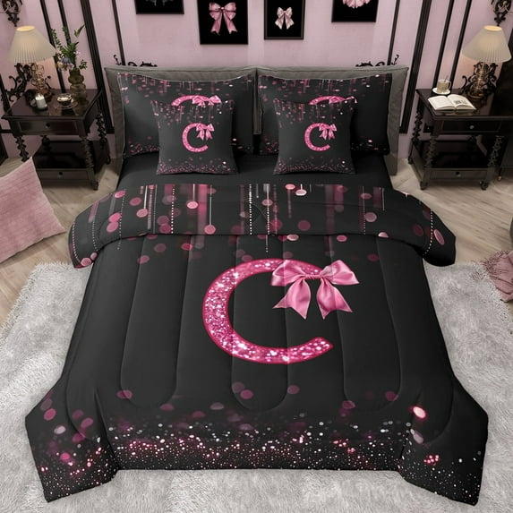 Manfei Personalized Initial Alphabet C Bedding Comforter Set 7 Pieces for Teens Adults,Kawaii Ribbon Bowtie Full Bedding Set Lightweight,Black Pink Fitted Sheet Flat Sheet,Blingg Litter Home Decor