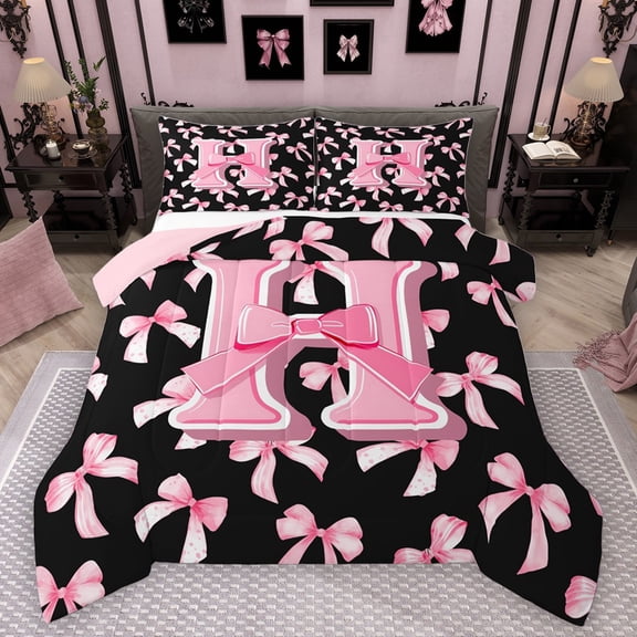 Manfei Personalized Initial Alphabet H 3 Pieces Queen Comforter Set for Teens Adults,Kawaii Ribbon Bowtie Ultra Soft Bedding Sets,Black Pink Bedding Comforter Set Breathable,Ultra Soft Home Decor