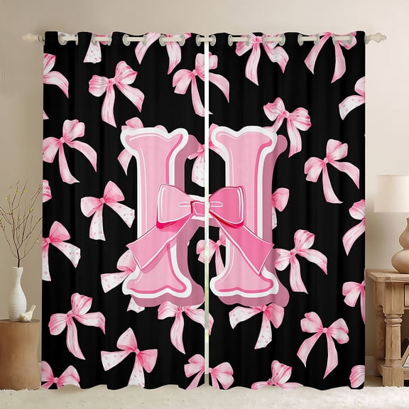Manfei Personalized Initial Alphabet H Black Out Curtains for Teens Adults,Kawaii Ribbon Bowtie Curtains Pack of 2 (42x63 Each),Black Pink Bedroom Curtains,Ultra Soft Home Decor