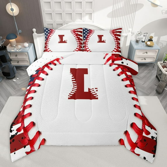 Manfei Personalized Initial Alphabet L 2pcs Bedding Comforter Set for Children Kids Boys,Baseball Print Twin Comforter Sets,Sport Theme Breathable Bedding Set,Ultra Soft Home Decor,Reversible