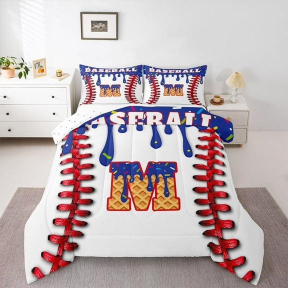 Manfei Personalized Initial Alphabet M 2pcs Bedding Comforter Set for Children Kids Boys,Baseball Print Twin Comforter Sets,Abstract Graffiti Splash Breathable Bedding Set