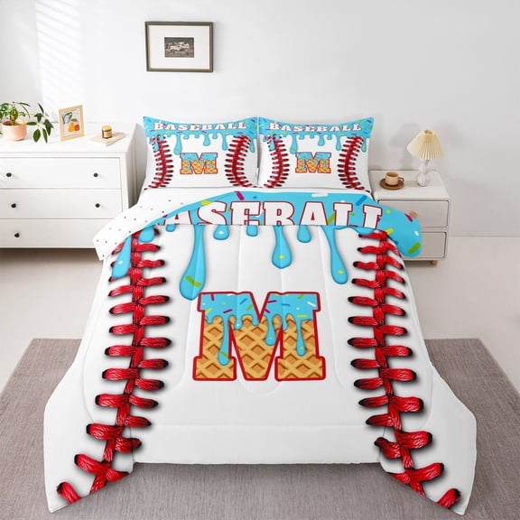 Manfei Personalized Initial Alphabet M 2pcs Bedding Comforter Set for Children Kids Boys,Baseball Print Twin Comforter Sets,Abstract Graffiti Splash Breathable Bedding Set