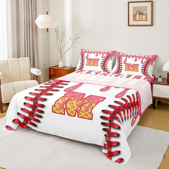 Manfei Personalized Initial Alphabet M 3pcs Twin Sheet Sets for Children Kids Boys,Baseball Print Twin Fitted Sheet,Abstract Graffiti Splash Breathable Flat Sheet,Ultra Soft Home Decor