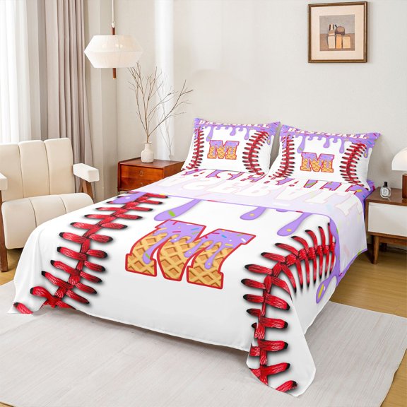 Manfei Personalized Initial Alphabet M 4 Pieces Queen Sheet Sets for Children Kids Boys,Baseball Print Ultra Soft Flat Sheet,Abstract Graffiti Splash Queen Fitted Sheet,Ultra Soft Home Decor