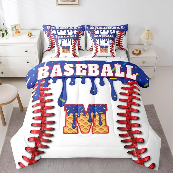 Manfei Personalized Initial Alphabet M 7-Piece Twin Bedding Sets for Children Kids Boys,Baseball Print Bedding Comforter Set,Abstract Graffiti Splash Breathable Sheet Sets