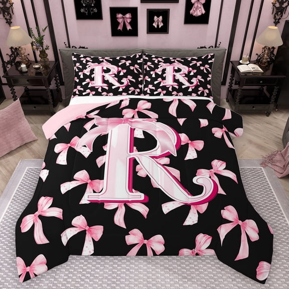 Manfei Personalized Initial Alphabet R Bedding Comforter Set 2pcs for Teens Adults,Kawaii Ribbon Bowtie Twin Comforter Sets Microfiber,Black Pink Breathable Bedding Set,Ultra Soft Home Decor