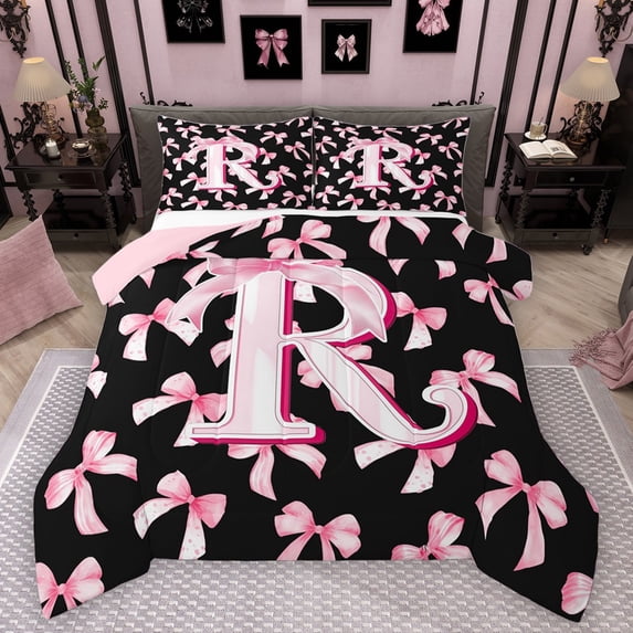 Manfei Personalized Initial Alphabet R Full Size Comforter Sets 3-Piece for Teens Adults,Kawaii Ribbon Bowtie Bedding Comforter Set,Black Pink Lightweight Bedding Sets,Ultra Soft Home Decor