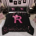 thumbnail image 1 of Manfei Personalized Initial Alphabet R Full Size Comforter Sets 3-Piece for Teens Adults,Kawaii Ribbon Bowtie Bedding Comforter Set,Black Pink Lightweight Bedding Sets,Blingg Litter Home Decor, 1 of 8