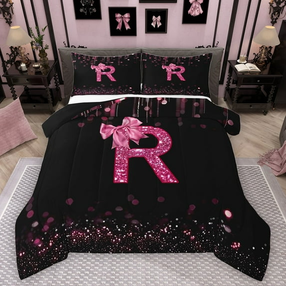 Manfei Personalized Initial Alphabet R Full Size Comforter Sets 3-Piece for Teens Adults,Kawaii Ribbon Bowtie Bedding Comforter Set,Black Pink Lightweight Bedding Sets,Blingg Litter Home Decor