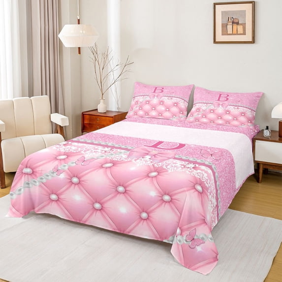 Manfei Personalized Initial B 4pcs Bed Sheets,Dreamy Pprincess King Sheets,Bow Tie Butterfly Super Cozy Sheet Set,Bling Glitter Room Decor