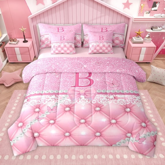 Manfei Personalized Initial B 7 Pieces Bedding Comforter Set,Dreamy Pprincess Full Bedding Set Lightweight,Bow Tie Butterfly Fitted Sheet Flat Sheet,Bling Glitter Room Decor,Reversible