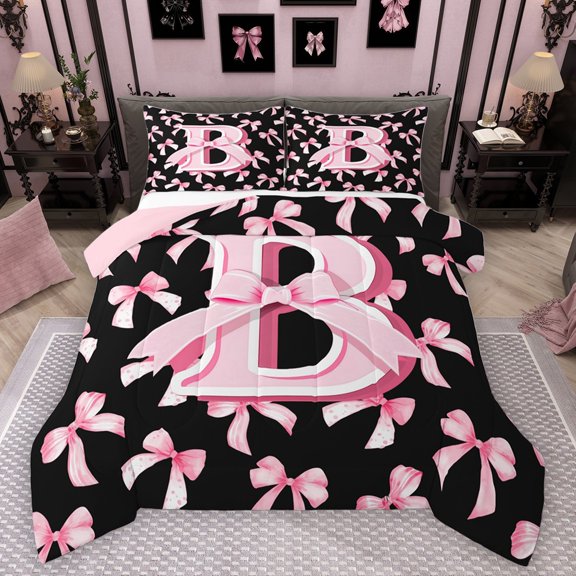Manfei Personalized Initial B Bedding Comforter Set 2pcs for Preppy Child,Dreamy Princess Twin Comforter Sets Microfiber,Pink Ribbon Bow Knot Breathable Bedding Set,Luxury Bedroom Decor,Reversible