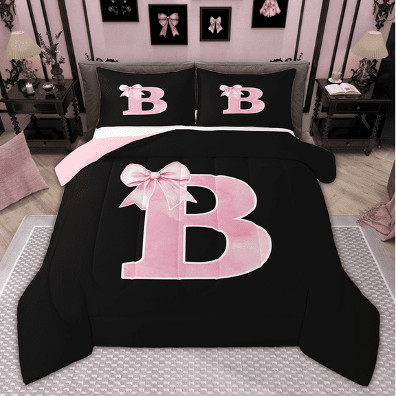 Manfei Personalized Initial B Bedding Comforter Set for Girls, Pink Bow Tie Twin Comforter Sets, Watercolor Monogrammed Bedding Set, Breathable Room Decor, Reversible 2pcs