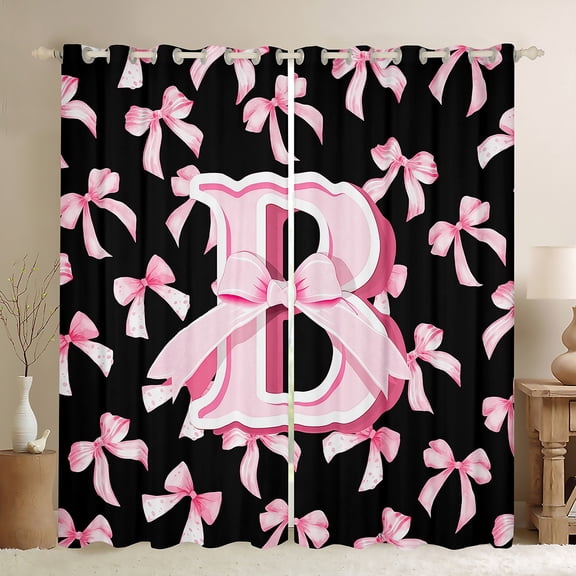 Manfei Personalized Initial B Black Out Curtains for Preppy Child,Dreamy Princess Curtains Pack of 2 (42x63 Each),Pink Ribbon Bow Knot Bedroom Curtains,Luxury Bedroom Decor