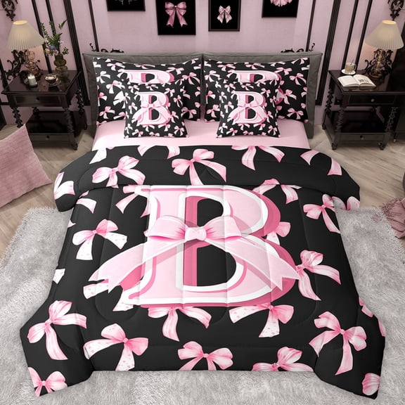 Manfei Personalized Initial B Twin Bedding Sets 7-Piece for Preppy Child,Dreamy Princess Bedding Comforter Set Microfiber,Pink Ribbon Bow Knot Breathable Sheet Sets,Luxury Bedroom Decor,Reversible