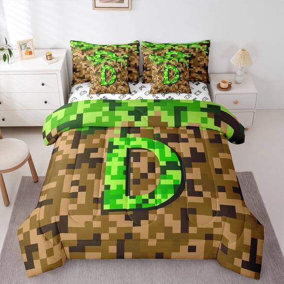 Manfei Personalized Initial D 7 Pieces Bedding Comforter Set for Children Kids Teens,Building Blocks Full Bedding Set Lightweight,Construction Game Fitted Sheet Flat Sheet