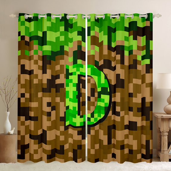 Manfei Personalized Initial D Black Out Curtains for Children Kids Teens,Building Blocks Curtains Pack of 2 (42x63 Each),Construction Game Bedroom Curtains,Super Cozy Room Decor