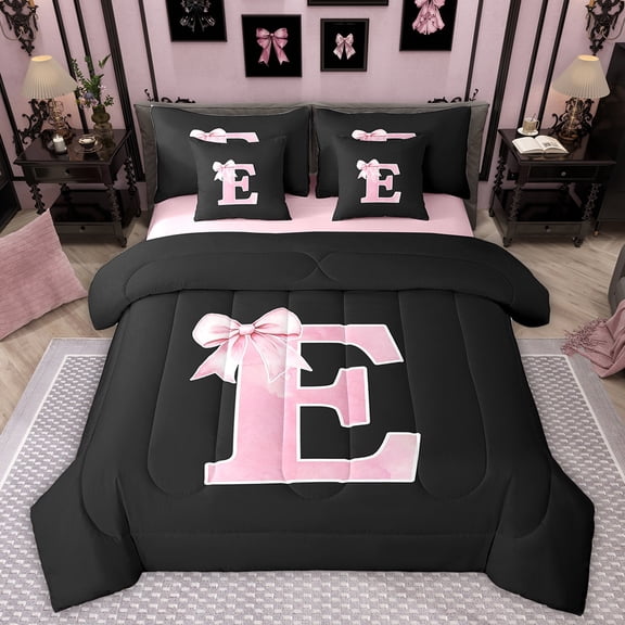 Manfei Personalized Initial E Twin Bedding Sets 7-Piece for Girls, Pink Bow Tie Bedding Comforter Set, Watercolor Monogrammed Sheet Sets, Breathable Room Decor