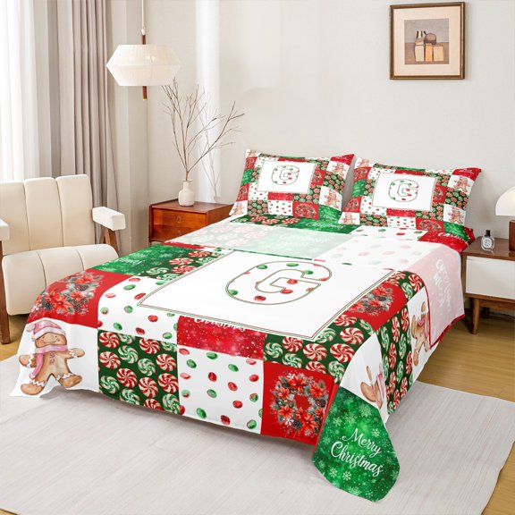 Manfei Personalized Initial G Bed Sheets 4 Pieces for Kids Boys Girls, Merry Christmas King Sheets, Gingerbread Lollipop Plaid Sheet Set, Luxury Bedroom Decor