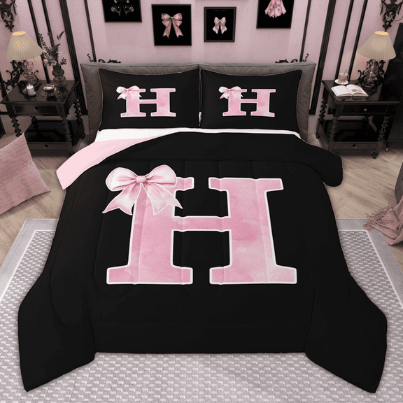 Manfei Personalized Initial H Bedding Comforter Set for Girls, Pink Bow Tie Twin Comforter Sets, Watercolor Monogrammed Bedding Set, Breathable Room Decor, Reversible 2pcs