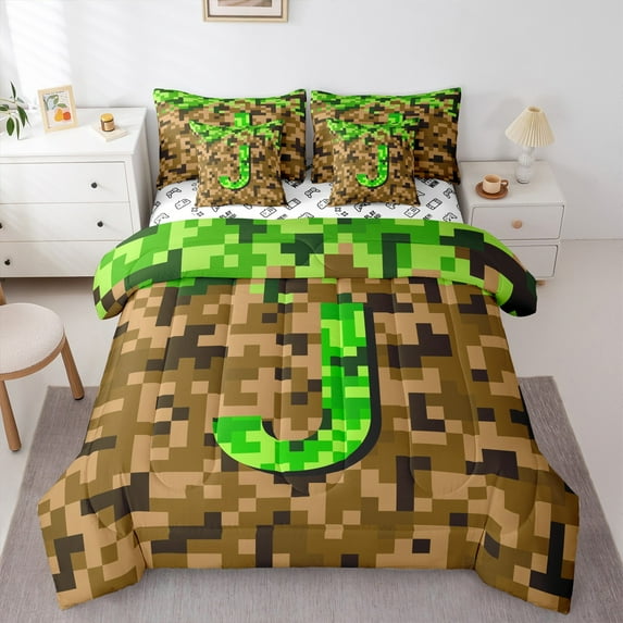 Manfei Personalized Initial J 7pcs Bedding Comforter Set for Children Kids Teens,Building Blocks Queen Bedding Sets Super Cozy,Construction Game Queen Sheet Sets,Super Cozy Room Decor