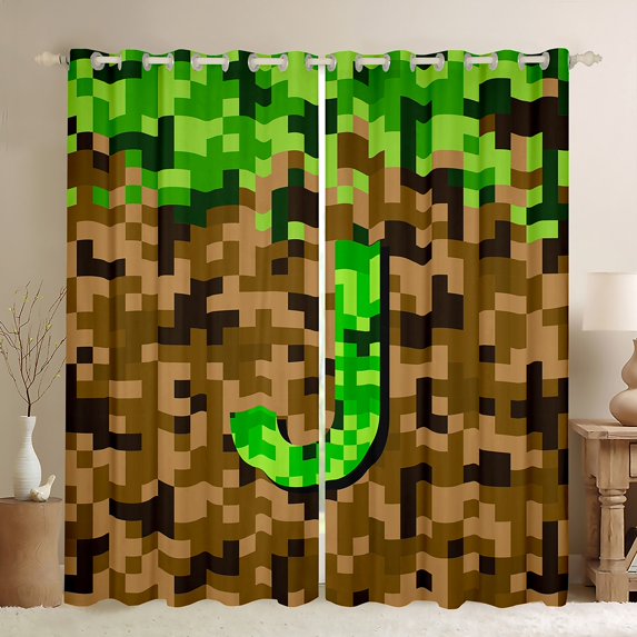 Manfei Personalized Initial J Black Out Curtains for Children Kids Teens,Building Blocks Curtains Pack of 2 (42x63 Each),Construction Game Bedroom Curtains,Super Cozy Room Decor
