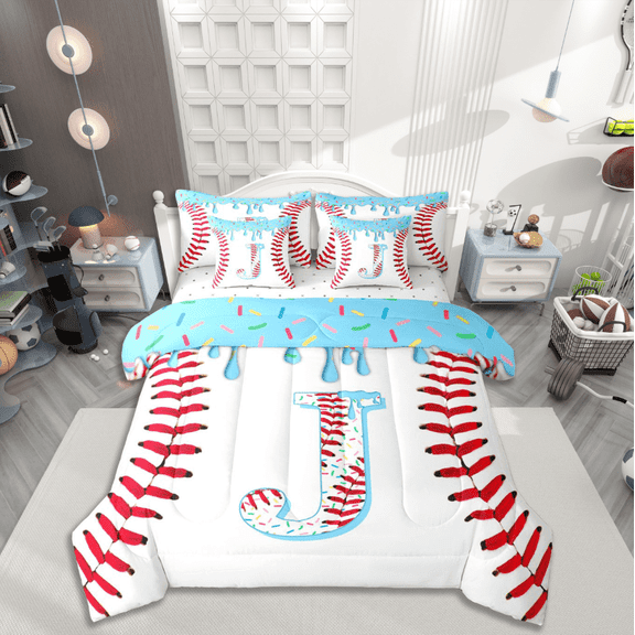 Manfei Personalized Initial J Twin Bedding Sets 7-Piece,Baseball Bedding Comforter Set