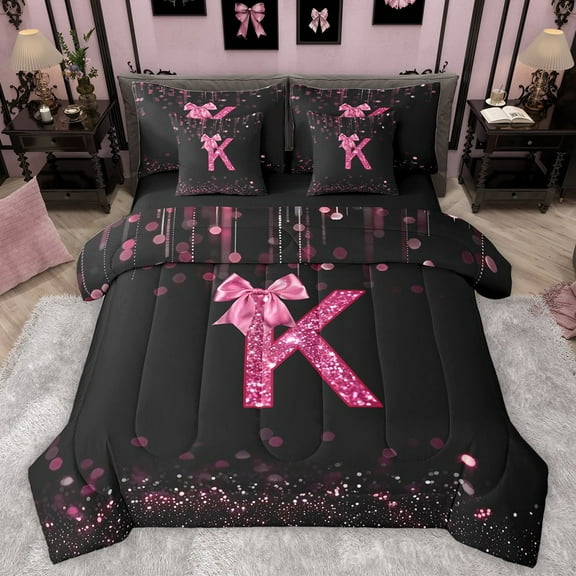 Manfei Personalized Initial K Bedding Comforter Set 7-Piece for Preppy Child,Pink Ribbon Bow Knot King Bedding Sets,Bling Glitter Ultra Soft Bed Sheets,Luxury Bedroom Decor,Reversible