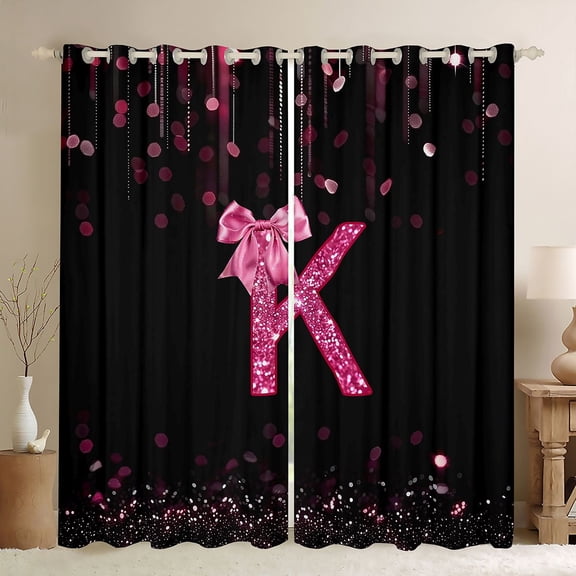 Manfei Personalized Initial K Black Out Curtains for Preppy Child,Pink Ribbon Bow Knot Curtains Pack of 2 (42x63 Each),Bling Glitter Bedroom Curtains,Luxury Bedroom Decor