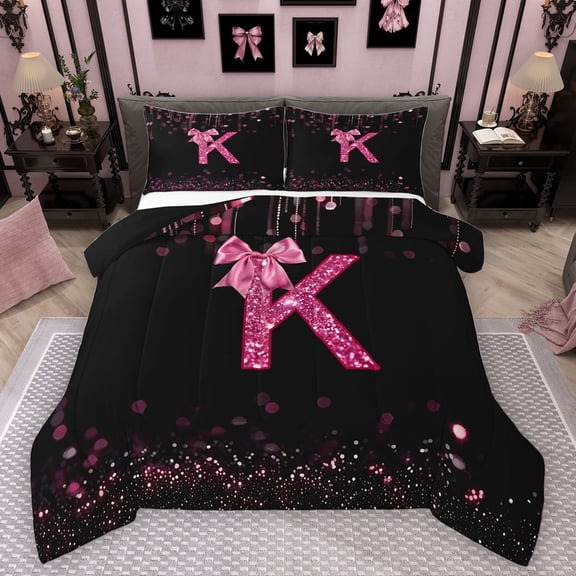 Manfei Personalized Initial K Full Size Comforter Sets 3-Piece for Preppy Child,Pink Ribbon Bow Knot Bedding Comforter Set,Bling Glitter Lightweight Bedding Sets,Luxury Bedroom Decor,Reversible