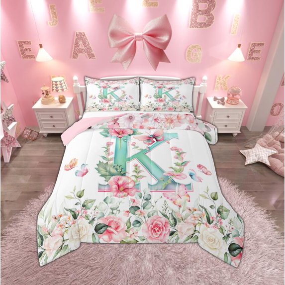 Manfei Personalized Initial K Queen Comforter Set for Kids Girls, Watercolor Butterfly Bedding Sets, Garden Flower Bedding Comforter Set, Microfiber Room Decor, Reversible 3 Pieces