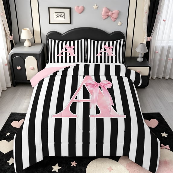 Manfei Personalized Initial A King Size Comforter Sets,Geometric Stripes Print Comforters King Size,Pink Reversible,3 Pieces,1 Comforter and 2 Pillowcases