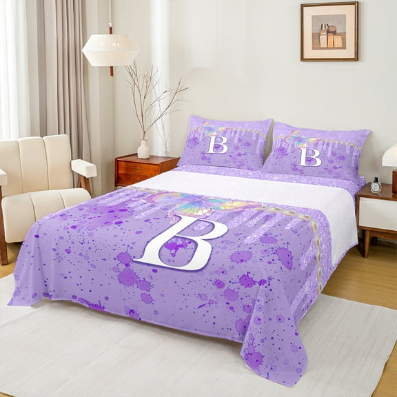 Manfei Personalized Initial Letter B Girl 3pcs Twin Sheet Sets,Gradient Flying Butterfly Twin Fitted Sheet,Purple Watercolor Splash Breathable Flat Sheet,Bling Glitter Room Decor