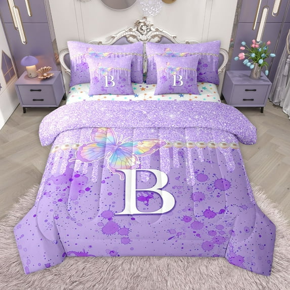 Manfei Personalized Initial Letter B Girl 7-Piece Twin Bedding Sets,Gradient Flying Butterfly Bedding Comforter Set,Purple Watercolor Splash Breathable Sheet Sets,Bling Glitter Room Decor