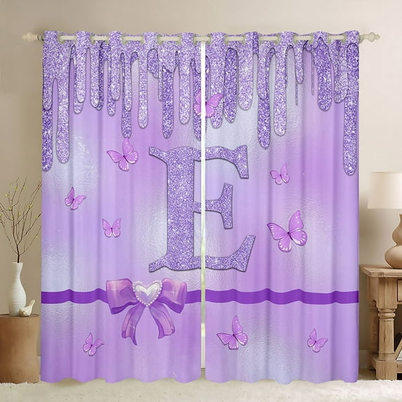 Manfei Personalized Initial Letter E Girl Black Out Curtains,Flying Butterfly Curtains Pack of 2 (42x63 Each),Dreamy Princess Bedroom Curtains,Bling Glitter Room Decor