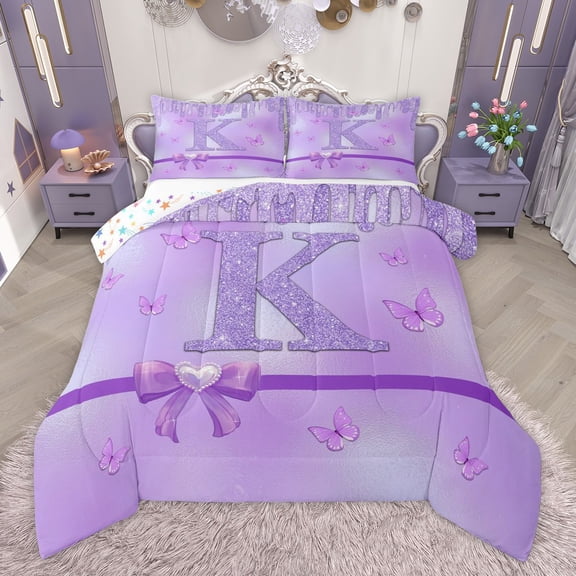 Manfei Personalized Initial Letter K Girl 3-Piece Full Size Comforter Sets,Flying Butterfly Bedding Comforter Set,Dreamy Princess Lightweight Bedding Sets,Bling Glitter Room Decor,Reversible