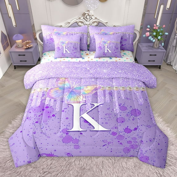 Manfei Personalized Initial Letter K Girl 7pcs Bedding Comforter Set,Gradient Flying Butterfly Queen Bedding Sets Super Cozy,Purple Watercolor Splash Queen Sheet Sets,Bling Glitter Room Decor