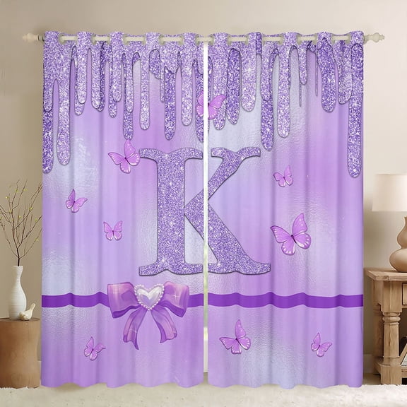 Manfei Personalized Initial Letter K Girl Black Out Curtains,Flying Butterfly Curtains Pack of 2 (42x63 Each),Dreamy Princess Bedroom Curtains,Bling Glitter Room Decor