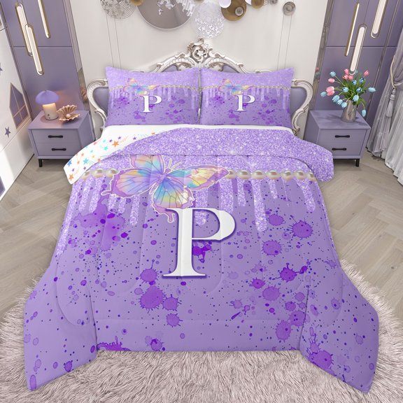 Manfei Personalized Initial Letter P Girl 2pcs Bedding Comforter Set,Gradient Flying Butterfly Twin Comforter Sets,Purple Watercolor Splash Breathable Bedding Set,Bling Glitter Room Decor