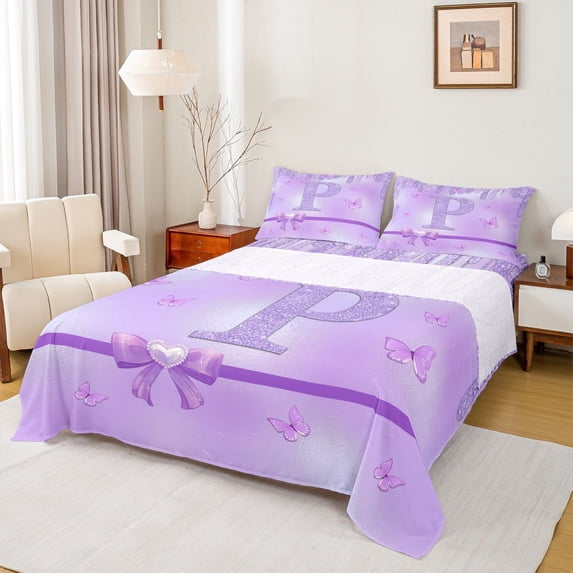 Manfei Personalized Initial Letter P Girl 4-Piece Full Size Sheets,Flying Butterfly Bed Sheets,Dreamy Princess Lightweight Sheet Sets,Bling Glitter Room Decor