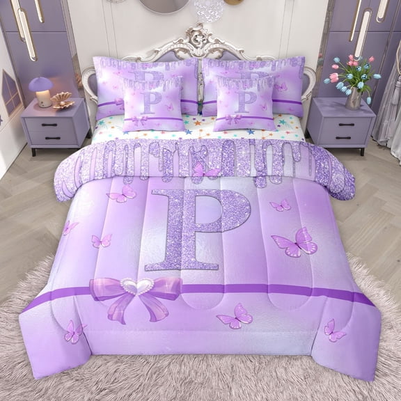 Manfei Personalized Initial Letter P Girl 7 Pieces Bedding Comforter Set,Flying Butterfly Full Bedding Set Lightweight,Dreamy Princess Fitted Sheet Flat Sheet,Bling Glitter Room Decor