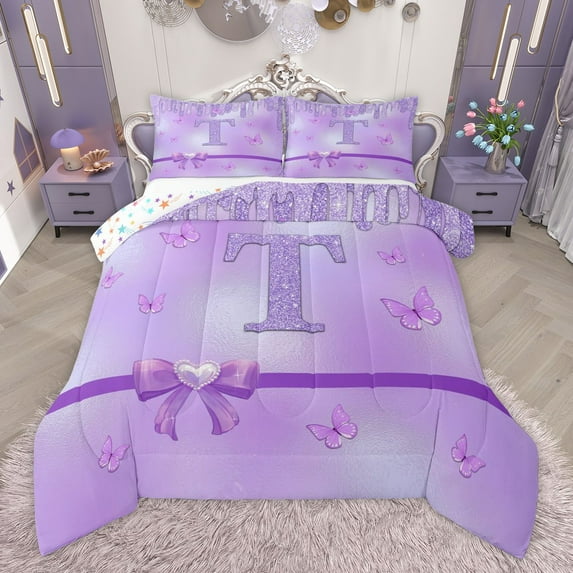 Manfei Personalized Initial Letter T Girl 2pcs Bedding Comforter Set,Flying Butterfly Twin Comforter Sets,Dreamy Princess Breathable Bedding Set,Bling Glitter Room Decor,Reversible