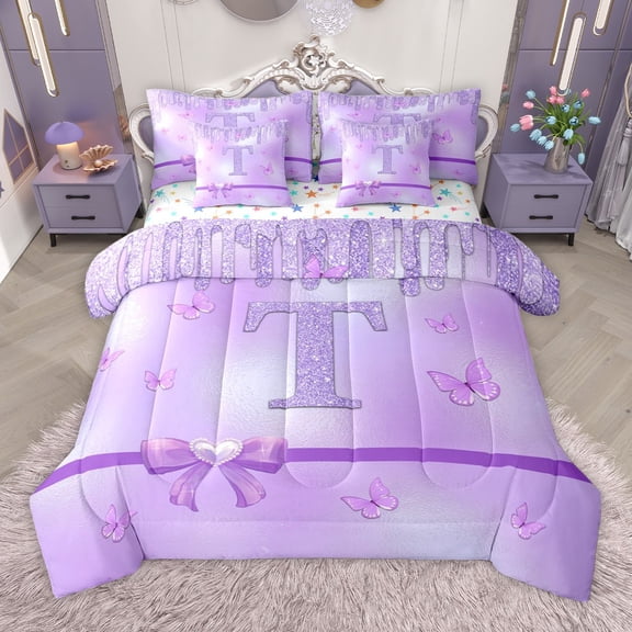 Manfei Personalized Initial Letter T Girl 7-Piece Bedding Comforter Set,Flying Butterfly King Bedding Sets,Dreamy Princess Ultra Soft Bed Sheets,Bling Glitter Room Decor,Reversible
