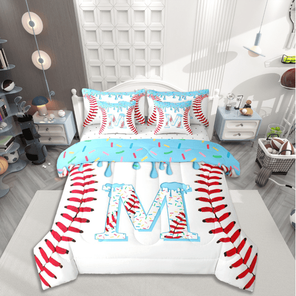Manfei Personalized Initial M Twin Bedding Sets 7-Piece,Baseball Bedding Comforter Set